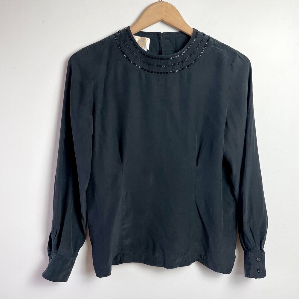 Vintage 80s Silk Beaded Blouse Sz 4 Black Quiet Luxury Timeless Parisian Capsule